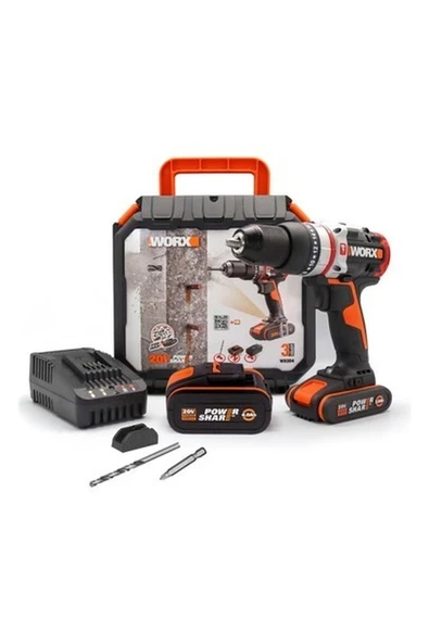 Worx WX354.1 20V/4.0/2.0 Ah. Li-Ion Çift Akülü Kömürsüz Profesyonel Darbeli Şarjlı Matkap ürün görseli 1
