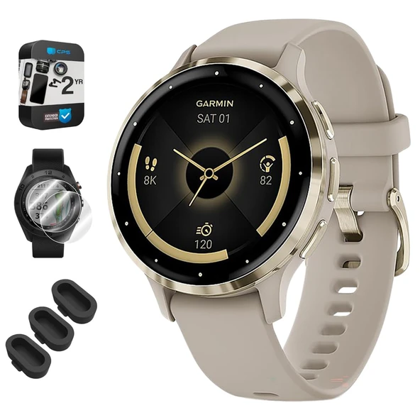 Garmin 010-02785-02 Venu 3S Health Fitness GPS Smartwatch Gold Steel Bezel with French Gray Case 41mm Sche with Dust Cover 3 Pack, 2Pack Ekran Koruyucu ve 2 YR CPS Geliştirilmiş Koruma Paketi ürün görseli 1