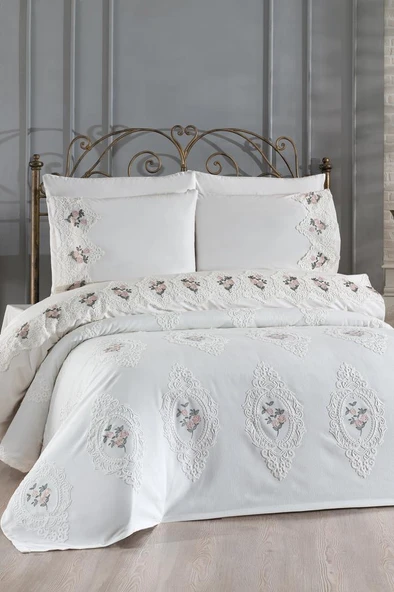Gardenlove Nakışlı Şönil 7 Parça Gelin Seti Krem ürün görseli 1