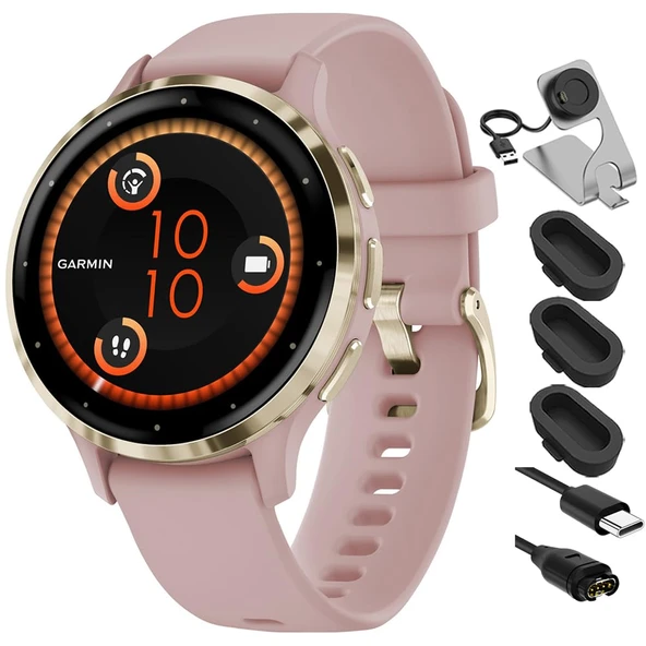 Garmin 010-02785-03 Venu 3S Health Fitness GPS Smartwatch Gold Steel Bezel with Dust Rose Case 41mm Sche with Şarj Dock, Silikon Cover 3 Pack ve USB Type C Şarj ve You Cable ürün görseli 1