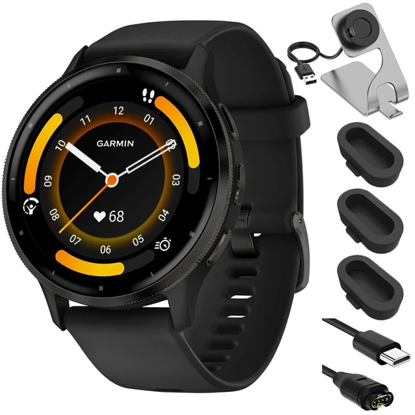 Garmin 010-02784-01 Venu 3 Sağlık ve Fitness GPS Smartwatch Steel Bezel ile Black Case 45mm Sche ile Deco Essentials Şarj Dock, Silikon Dust Cover 3 Pack ve USB Type C Şarj Kablosu ürün görseli 1