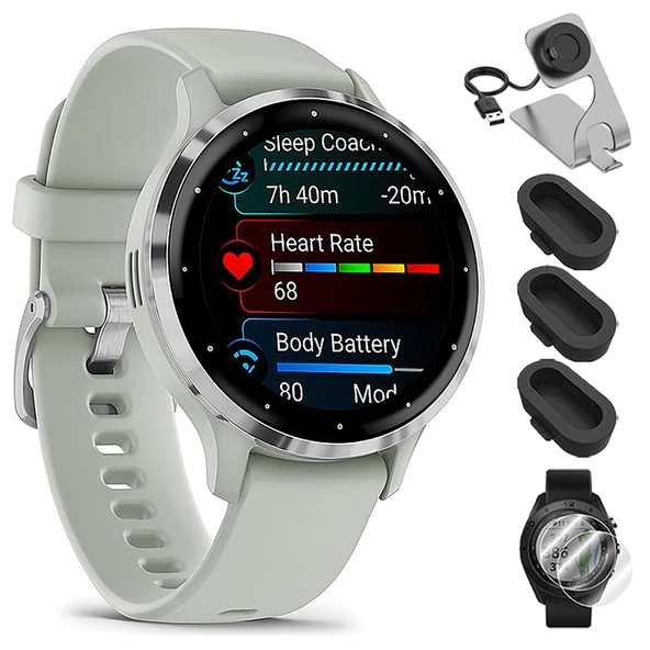Garmin 010-02785-01 Venu 3S Health Fitness GPS Smartwatch Steel Bezel with Sage Gray Case 41mm Sche with Deco Essentials Şarj Dock, Dust Cover 3 Pack ve 2Pack Ekran Koruyucu ürün görseli 1