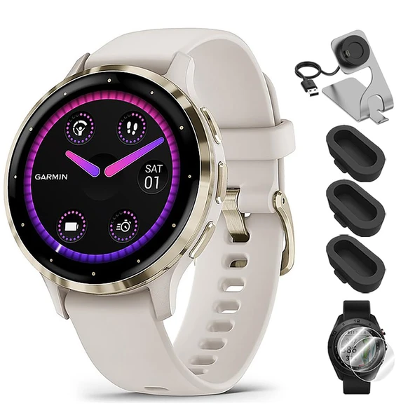 Garmin 010-02785-04 Venu 3S Health Fitness GPS Smartwatch Gold Steel Bezel with Ivory Case 41mm Sche with Deco Essentials Şarj Dock, Dust Cover 3 Pack ve 2Pack Ekran Koruyucu ürün görseli 1