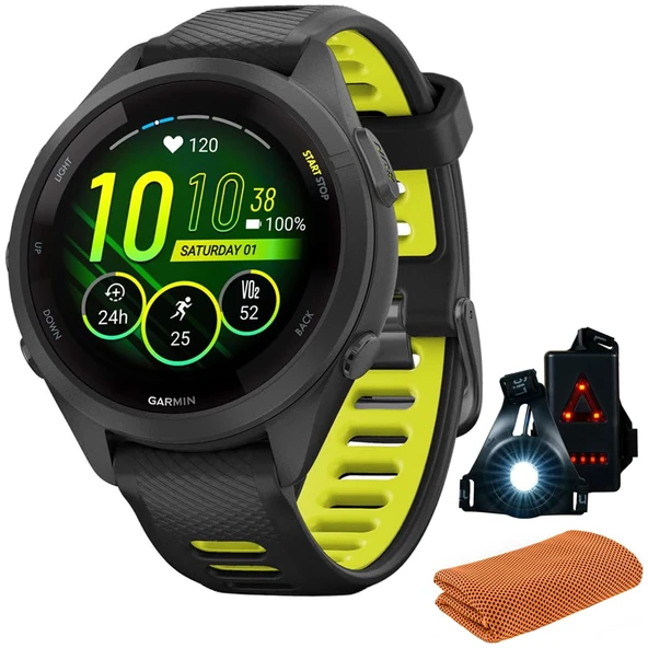 Garmin 010-02810-03 Forerunner 265S GPS Smartwatch, Black/Amp Yellow Sche with Workout Soğutma Sport Havlu + Deco Essentials Wearable Commuter Front & Arka Safety Light ürün görseli 1