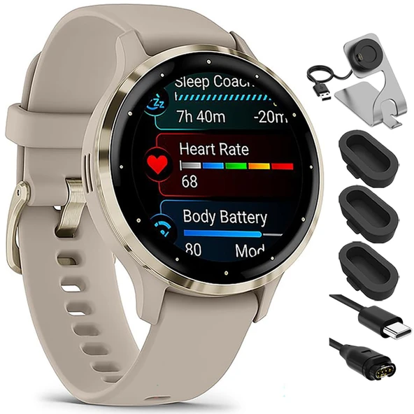 Garmin 010-02785-02 Venu 3S Health Fitness GPS Smartwatch Gold Steel Bezel with French Gray Case 41mm Sche with Şarj Dock, Silikon Cover 3 Pack and USB Type C Şarj ve Sen Cable ürün görseli 1