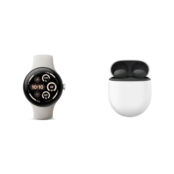 Google Paketi - Pixel Watch 3 (Cilalı Gümüş Alüminyum Kasa - Porselen Bant - 45 mm LTE) ve Pixel Buds Pro 2 Kulaklıklar (Hazel) ürün görseli 1