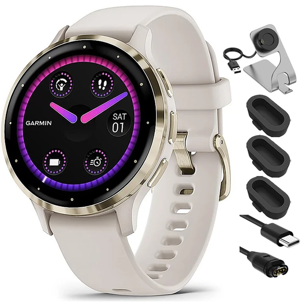 Garmin 010-02785-04 Venu 3S Health Fitness GPS Smartwatch Gold Steel Bezel with Ivory Case 41mm Sche with Şarj Dock, Silikon Dust Cover 3 Pack and USB Type C Şarj ve You Cable ürün görseli 1
