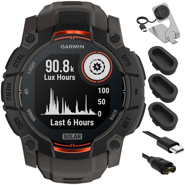 Garmin 010-02935-00 Instinct 3-50 mm Açık GPS Smartwatch Solar Black with Charcoal Band Sche with Şarj Dock, Dust Cover for Watch 3 Pack and USB Type C Şarj ve You Cable ürün görseli 1