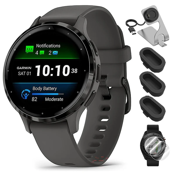 Garmin 010-02785-00 Venu 3S Health Fitness GPS Smartwatch Steel Bezel with Pebble Gray Case 41mm Sche with Deco Essentials Şarj Dock, Dust Cover 3 Pack ve 2Pack Ekran Koruyucu ürün görseli 1