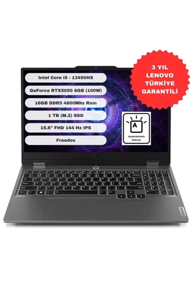 LENOVO LOQ 15IRX10 Intel Core i5 13450HX 16GB 1TB SSD RTX5050 Freedos 15.6" FHD 83JE00XNTR ürün görseli 1