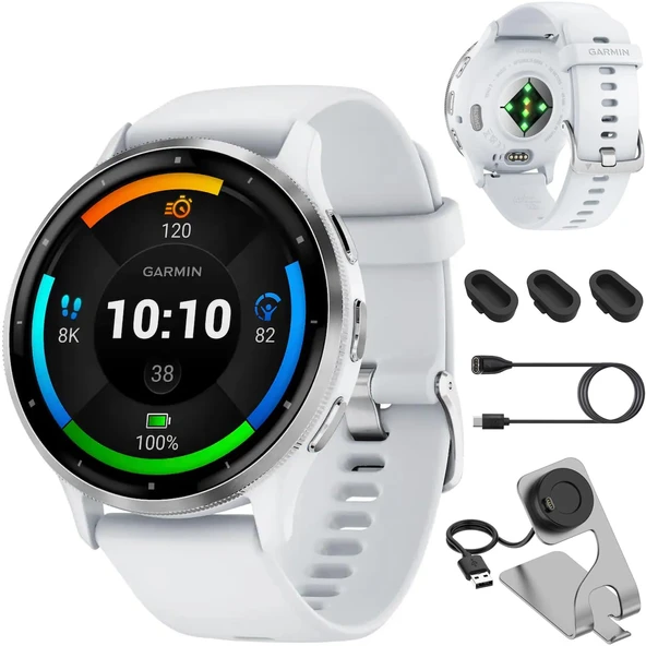 Garmin Venu 3 Silver Paslanmaz Çelik Bezel 1.4-Inch AMOLED Touch Smartwatch with 45mm Whitestone Case and Silikon Band Sche with Deco Essentials Şarj Dock, Dust Covers and USB-C Cable Smartwatch ürün görseli 1