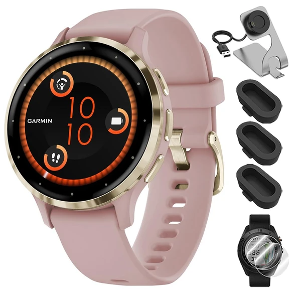 Garmin 010-02785-03 Venu 3S Health Fitness GPS Smartwatch Gold Steel Bezel with Dust Rose Case 41mm Sche with Deco Essentials Şarj Dock, Dust Cover 3 Pack ve 2Pack Ekran Koruyucu ürün görseli 1