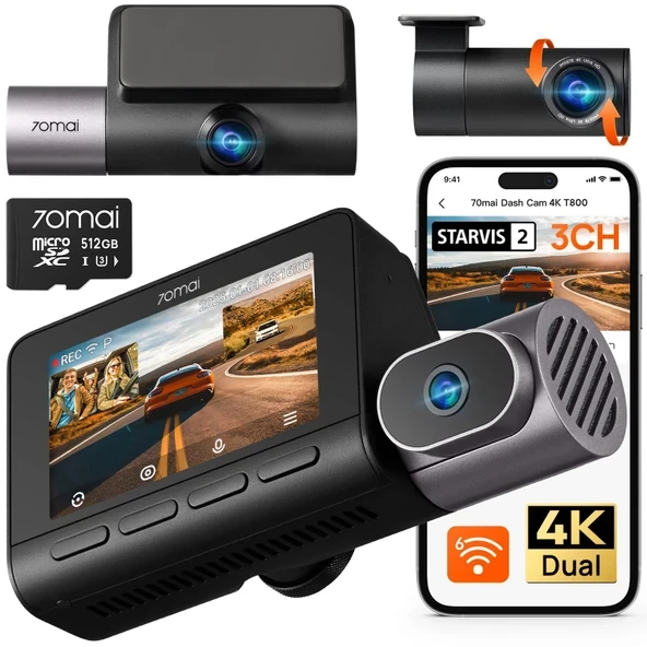 70mai 4K T800 3 Kanal Araç Kamerası, Araç İçi Kamera Ön ve Arka İç(2160P+2160P+1080P), STARVIS 2 IMX678, HDR Gece Görüşü, 512'li Araçlar için Araç Kamerası... ürün görseli 1