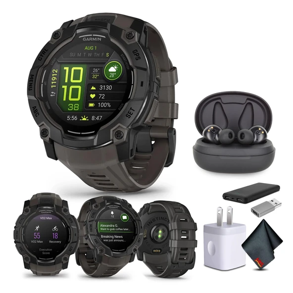 Garmin Instinct 3 45mm AMOLED Ekran Açık GPS Smartwatch, Metal-Reinforced Bezel, built-in Flashlight, 18 Days Battery Life, Black (010-02936-00) with Earbuds Sche ürün görseli 1