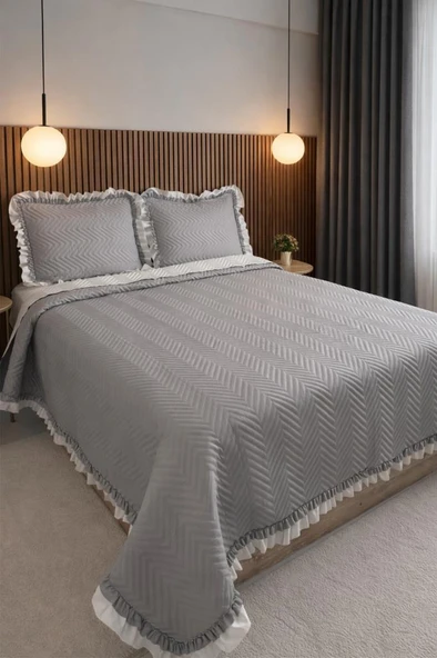 Gonca Çift Taraflı Çift Kişilik Yatak Örtüsü 230x250 Gri ürün görseli 1