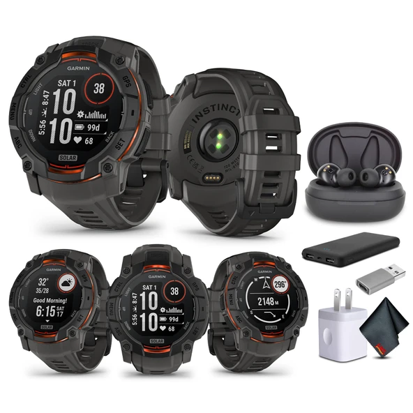 Garmin Instinct 3 50mm, Solar Charged Display, Rugged Outdoor GPS Smartwatch, Metal-Reinforced Bezel, built-in Flashlight, Charcoal (010-02935-00) with Earbuds Sche ürün görseli 1