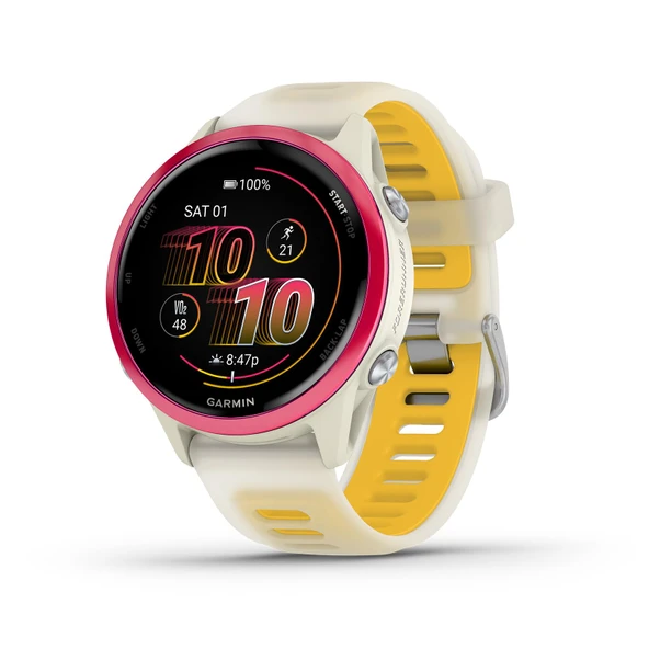 Garmin® Forerunner® 570 42mm Gelişmiş GPS Koşu ve Triatlon Akıllı Saat AMOLED Ekran Eğitim ve Kurtarma Özellikleri Yarı Saydam Kemik/Mango Bantlı Ahududu Alüminyum ürün görseli 1