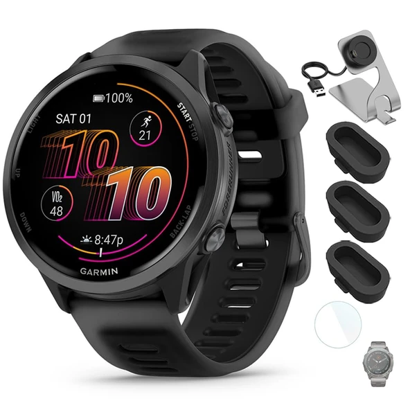 Garmin 010-02971Forerunner 570-47mm GPS Smartwatch alüminyum ve Black Band Sche ile Deco Essentials Şarj Dock, Deco Essentials Silikon Dust Cover 3 Pack ve 1.4 inç Ekran Koruyucu ürün görseli 1