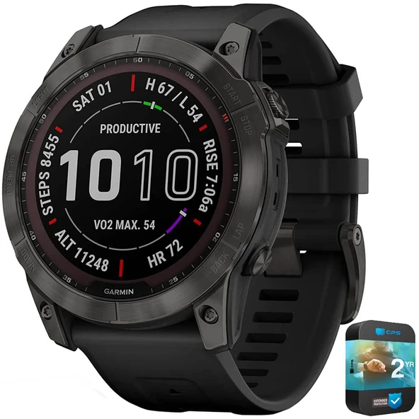 Garmin 010-02541-10 Fenix 7X Sapphire Solar Smartwatch Carbon Gray DLC Black Band Sche ile 2 YR CPS gelişmiş Koruma Paketi ürün görseli 1
