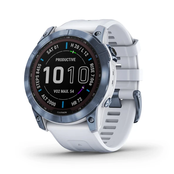 Garmin Fenix 7X Sapphire Solar, Macera Smartwatch, w/Solar Şarj Cap tasks, Rugged Açık GPS Watch, Touchscreen, Wellness Özellikler, Mineral Blue Titanyum w / Beyaz Band ürün görseli 1