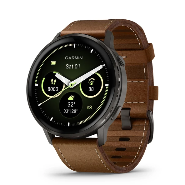 Garmin Venu® 4, 45mm, Gelişmiş Sağlık ve Fitness GPS Smartwatch,Bright Renkli Ekran,Built-in Flashlight,12 Days of Battery Life, Slate with Black Silikon Band and Brown Deri Band - 2 Bands ürün görseli 1