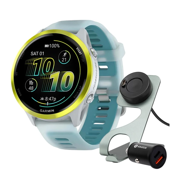 Garmin Forerunner 570 47mm GPS Koşu Smartwatch (Amp Yellow/Whitestone Turquoise) Sche with Stand, Şarj Kablolu ve Araba Şarj (3 Madde) ürün görseli 1