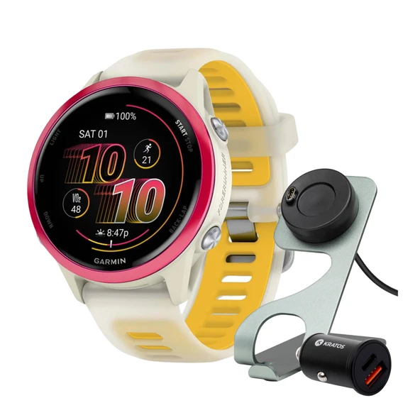 Garmin Forerunner 570 42mm GPS Koşu Smartwatch (Raspberry/Mango Band) Durak, Kablo ve Araç Şarji (3 Madde) ürün görseli 1