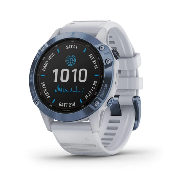 Garmin fenix 6 Pro Solar, Multisport GPS Güneş Şarjleri, Gelişmiş Eğitim Özellikler ve Data, Mineral Blue with White Band ürün görseli 1