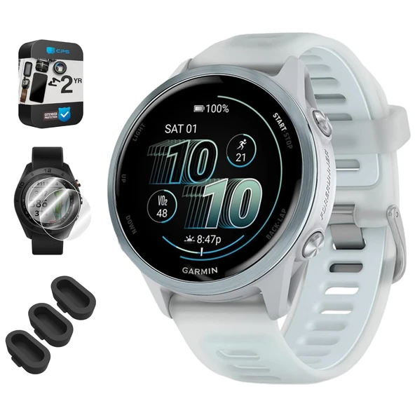 Garmin 010-02970-01 Forerunner 570-42mm GPS Smartwatch alüminyum ve Beyazstone / Blue Band Sche ile Silikon Dust Cover 3 Pack, Ekran Koruyucu 2Pack ve 2 YR CPS Geliştirilmiş Koruma Paketi ürün görseli 1