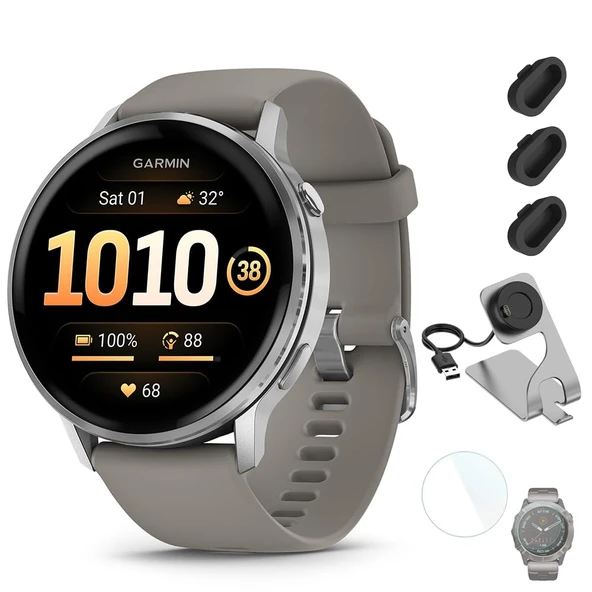 Garmin Venu 4 (45mm) Smartwatch GPS, AMOLED, Sleep Coach, Body Battery - Gümüş Gray Band Sche with Deco Essentials Şarj Dock, 3-Pack Dust Covers & 1.4” Ekran Koruyucu ürün görseli 1