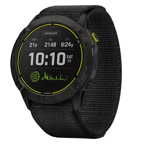 Garmin Enduro, güneş enerjisiyle şarj etme işlevlerine sahip ultra performanslı çoklu spor GPS kol saati, GPS modunda 80 saate kadar pil ömrü, siyah UltraFit naylon kayışla Karbon Grisi DLC Titan ürün görseli 1