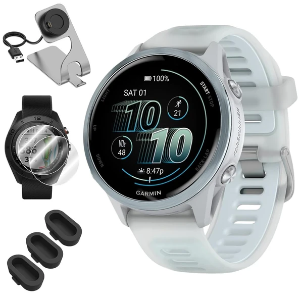 Garmin 010-02970-01 Forerunner 570 42mm GPS Smartwatch, alüminyum ve Beyazstone / Blue Band Sche with Deco Essentials Şarj Dock, 3X Silikon Toz Kapak ve 2X 1.2 inç Ekran koruyucu ürün görseli 1