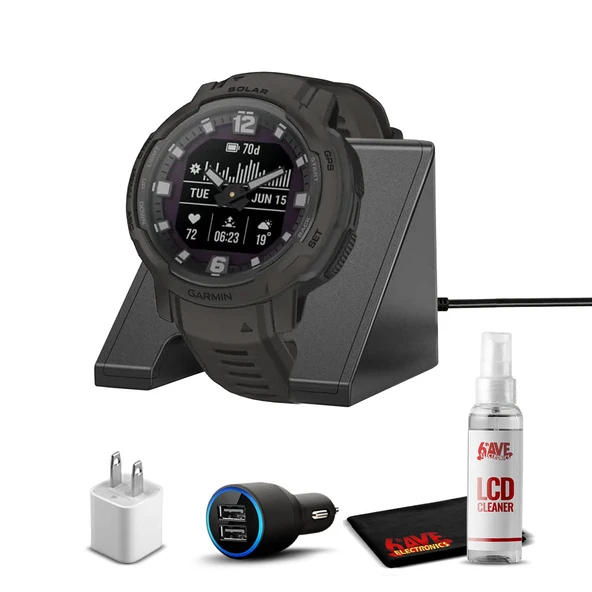 Garmin Instinct Crossover Solar Rugged Hybrid Smartwatch with Solar Şarj Cap tasks Graphite with Watch Şarj Stand, 2Port Car adaptörü, Wall-Adapter & Watch Temizlik Kit (010-02-11) ürün görseli 1
