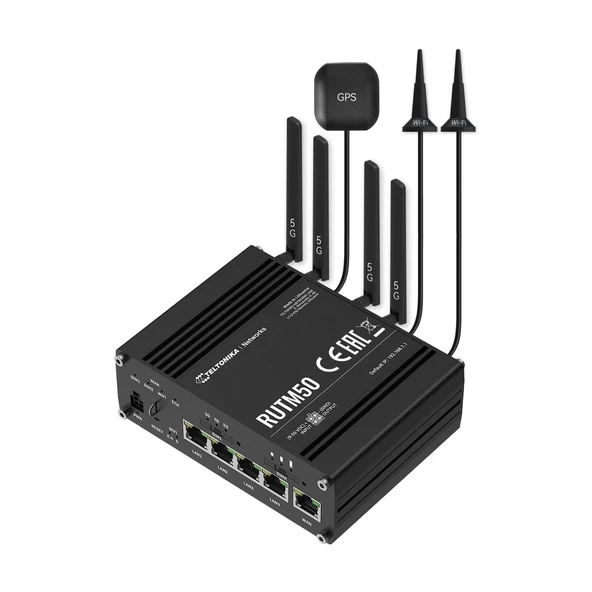 Teltonika RUTM50000000 Model RUTM50 Hücresel 5G Yönlendirici; 3,4 Gbps'ye varan hızlar; Otomatik yük devretme özelliğine sahip Çift SIM; 4G ile Geriye Dönük Uyumluluk (LTE Cat 19... ürün görseli 1