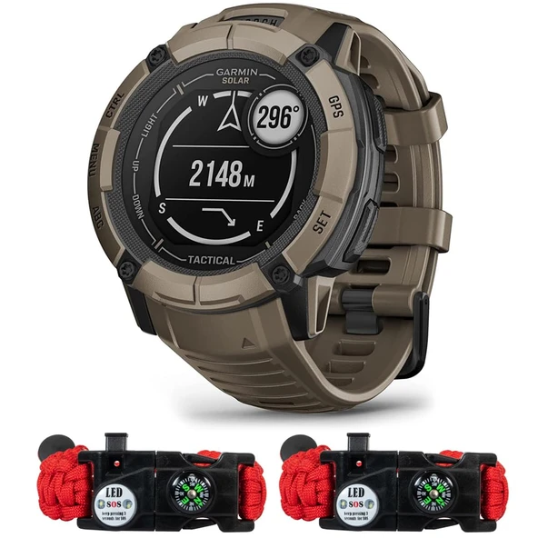 Garmin 010-02805-12 Instinct 2X Solar Rugged GPS Smartwatch Taktik Baskı Coyote Tan Sche with Deco Essentials 2Pack Taktik Acil Paracord Wear with SOS LED Rally ürün görseli 1