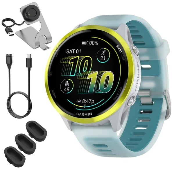 Garmin 010-02971-01 Forerunner 570-47mm GPS Smartwatch, alüminyum ve Whitestone/Turquoise Band Sche with Deco Essentials Şarj Dock, 3X Silikon Dust Cover ve USB Type C Şarj & You Cable ürün görseli 1