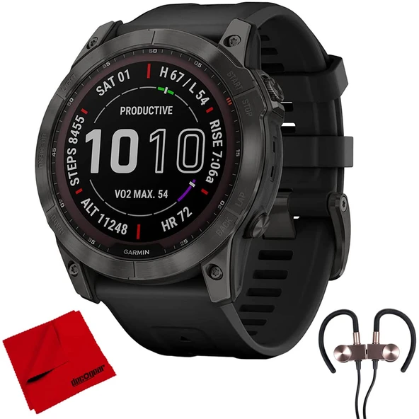 Garmin 010-02541-10 Fenix 7X Sapphire Solar Smartwatch - Karbon Gray Siyah Band Sche ile Deco Gear Manyetik Kablosuz Sport Earbuds ve Deco Gear Microfiber Temizlik Kumaşı ürün görseli 1