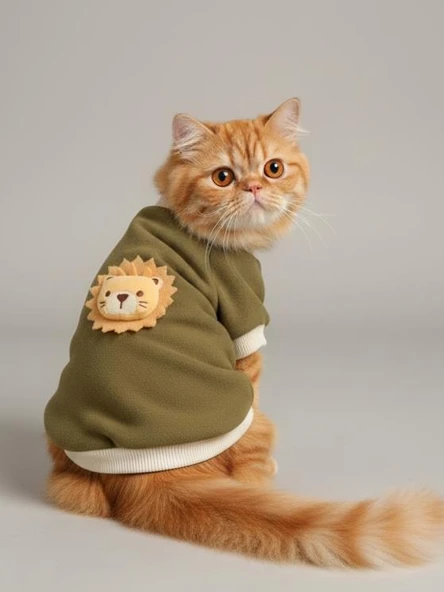 Minik Aslan Kedi Sweatshirt Haki Sıcak Tutan Yumuşak Kedi Kıyafeti ürün görseli 1
