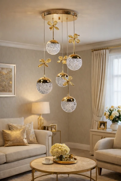 KAFKAS 5 Lİ KRİSTAL KELEBEKLİ ŞEKER TOPLU GOLD SARKIT LED AVİZE ürün görseli 1