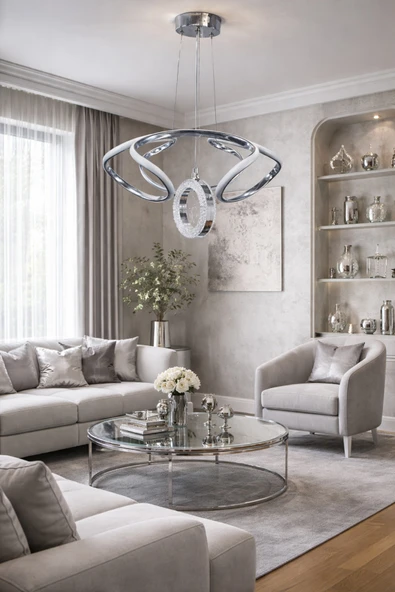 Kafkas Modern Krom LED Sarkıt Avize Kristal halka Detaylı Tasarım ürün görseli 1