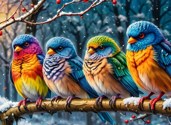 Nova Puzzle 1000 Parça Kar Altında Renk Festivali Puzzle - Dört Minik Kuş ürün görseli 1