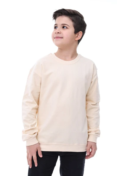 Basic Bisiklet Yaka Şardonlu Çocuk Sweatshirt 3-10 Yaş Krem ürün görseli 1