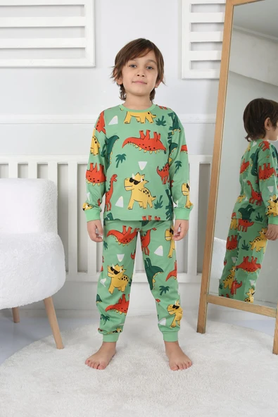 Dinozor Desenli Erkek Çocuk Pijama Takımı Yeşil ürün görseli 1