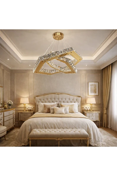 60x40 ALTIGEN 2 KATLI GOLD MODERN KRİSTAL AVİZE ürün görseli 1