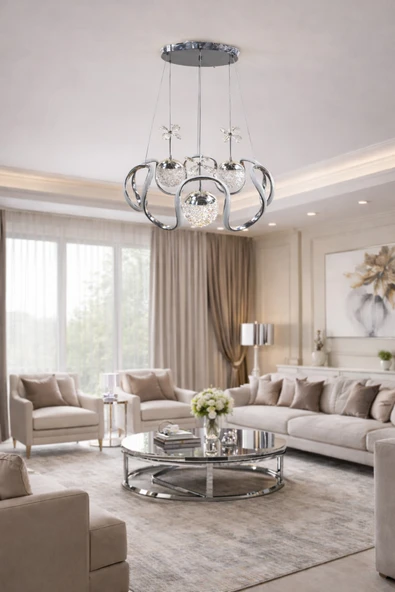 KAFKAS Lotus Krom Kristal Modern Sarkıt Avize  3lü kristal Küre Tasarım ürün görseli 1