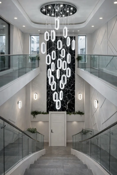 KAFKAS ELİPS GÜMÜŞ 25’li Modern LED Sarkıt Avize  80 cm Tepsili Galeri Boşluğu Avizesi ürün görseli 1