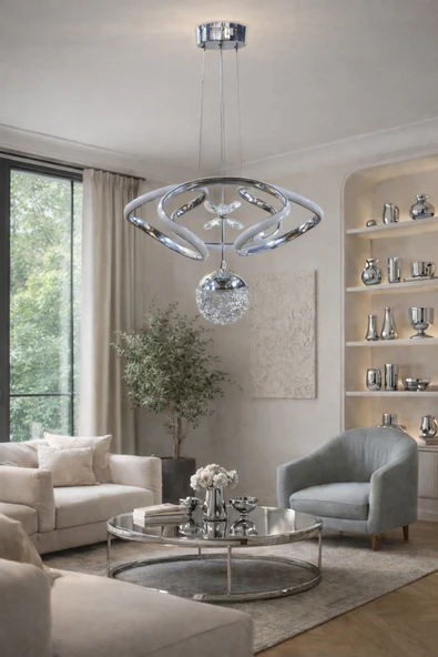 Kafkas Modern Krom LED Sarkıt Avize  Kristal Küre Detaylı Tasarım ürün görseli 1
