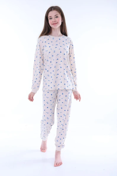 Minimal Çiçek Detaylı Mavi Kız Çocuk Pijama Takımı ürün görseli 1