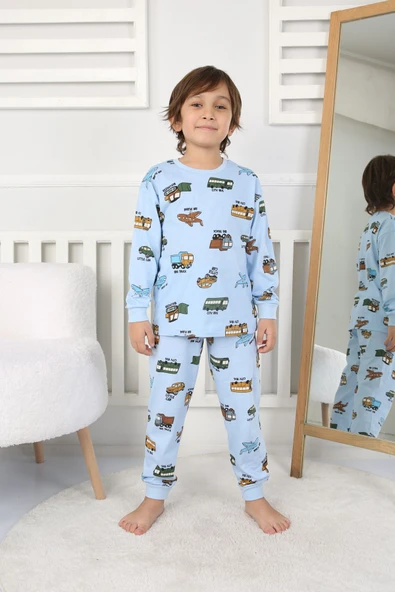 Transportation Veichle Desenli Çocuk Pijama Takımı (Alt-Üst) Bej 3-8 Yaş ürün görseli 1