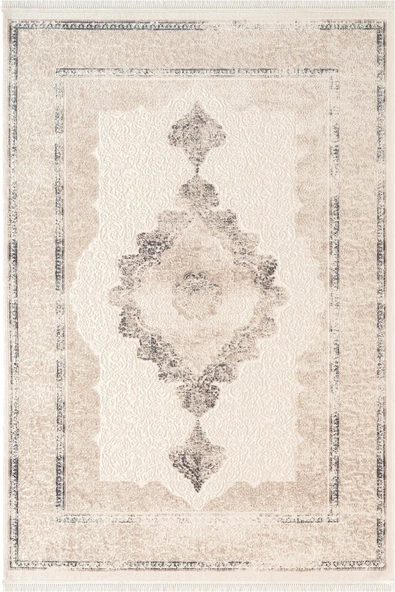 Look Classıc LK005M Çerçeveli Krem Gri Klasik Desen Akrilik Dokuma Taban Tozuaz Oturma Odası Halısı 120 X 180 KREM-GRI ürün görseli 1